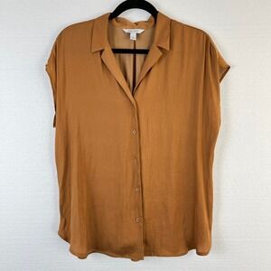 Nine West Women Gold Brown Size Large Short Sleeve Collared Button Up Blouse Top